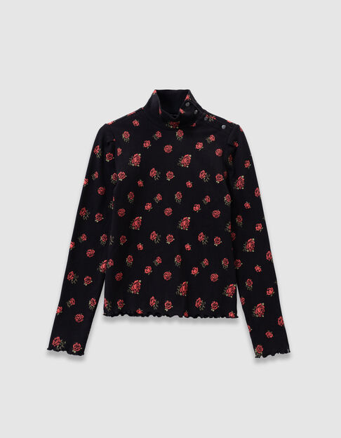 Schwarzes Mädchen-T-Shirt lange Ärmel gerippt Rosenprint - IKKS