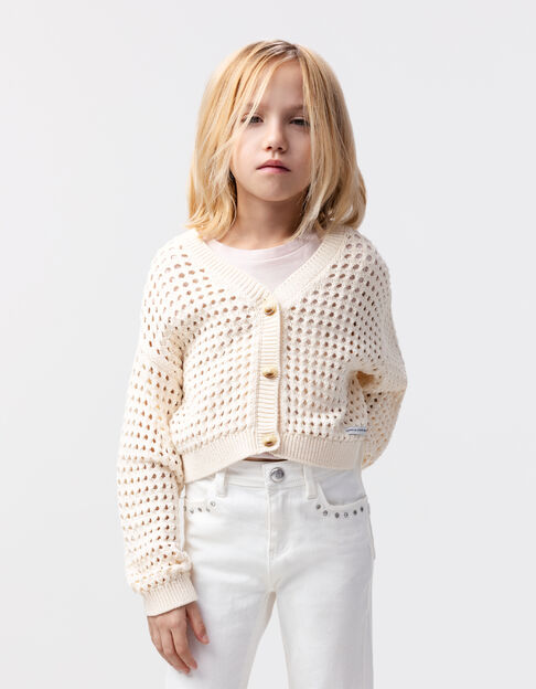 Cardigan écru coton bio tricot ajouré fille - IKKS