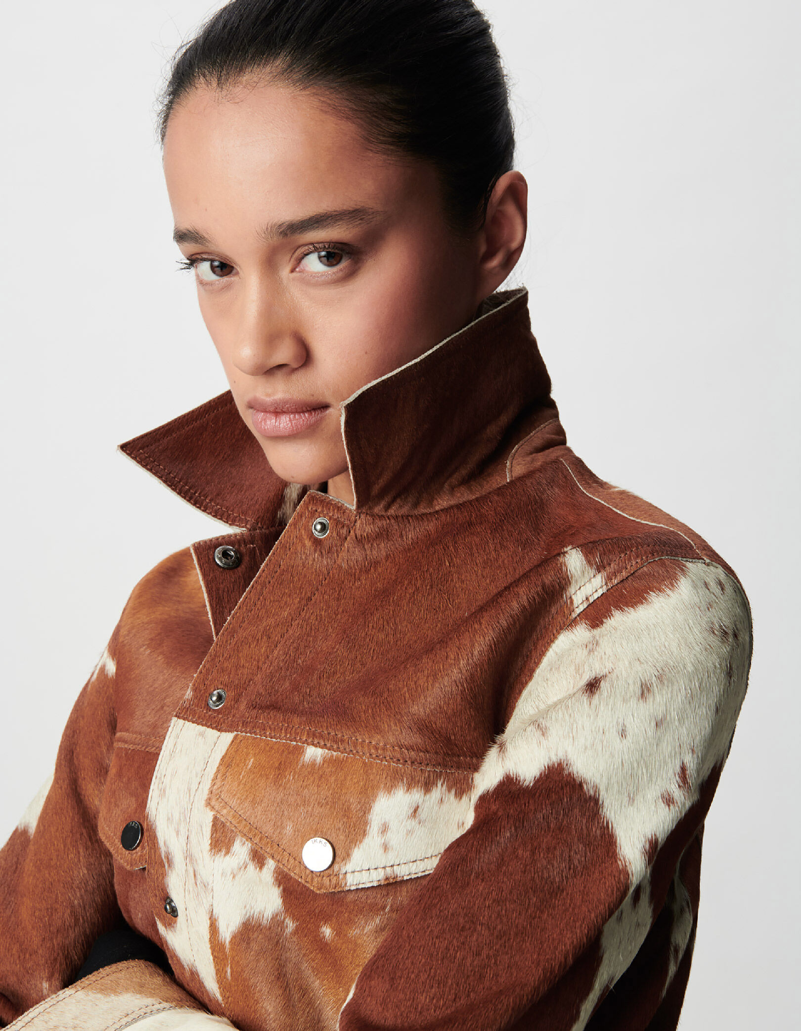 Women's brown leather short jacket with cow pattern IKKS