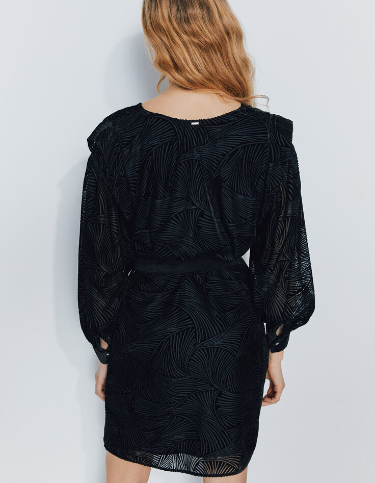 Vestido corto terciopelo cebra negro pliegues hombro mujer-2