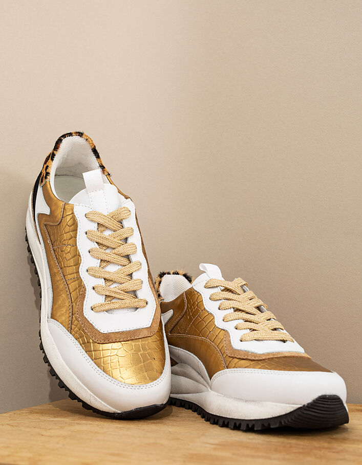 Sneakers mix leer gouden reptieleffect luipaarddetail-6