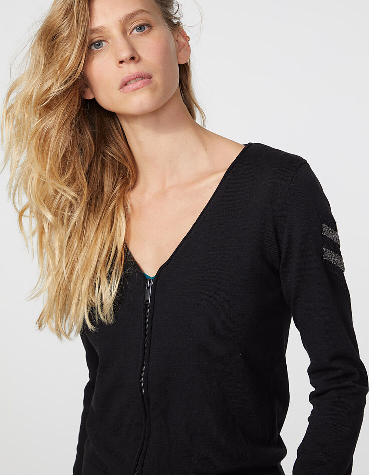 Cardigan maille tricot noir bijoux esprit militaire femme-5