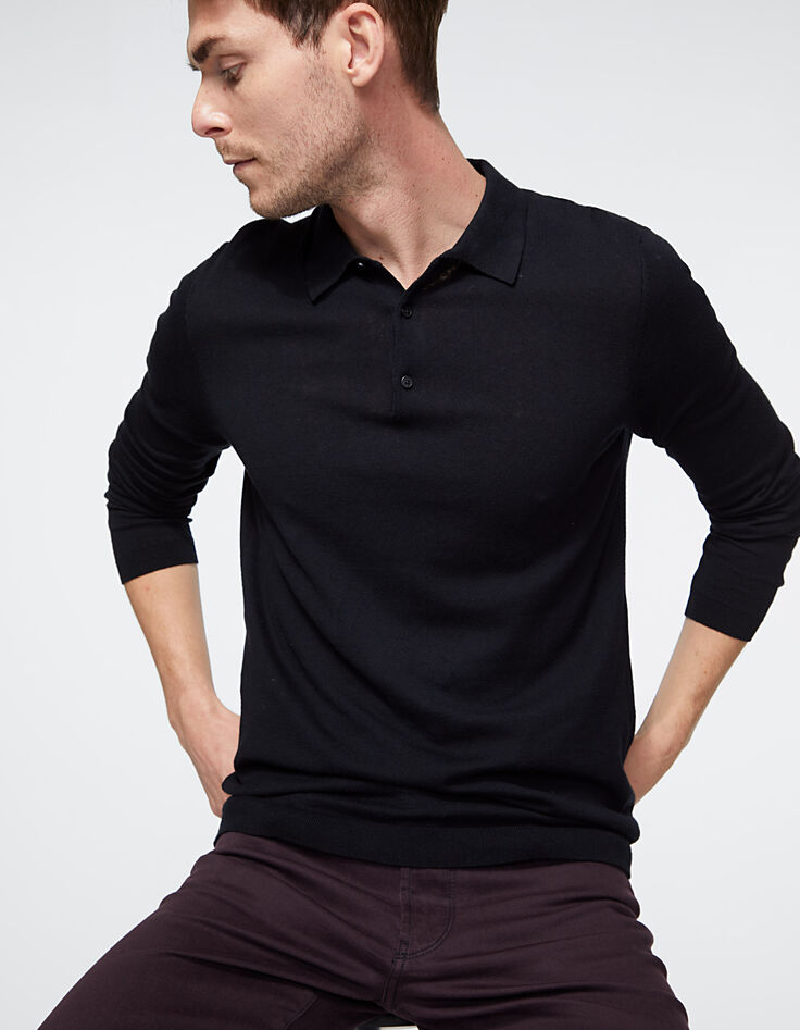 Men’s black knit long sleeve polo shirt-1