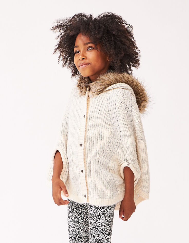 Girls’ ecru hooded cape with faux-fur trimmed hood-1