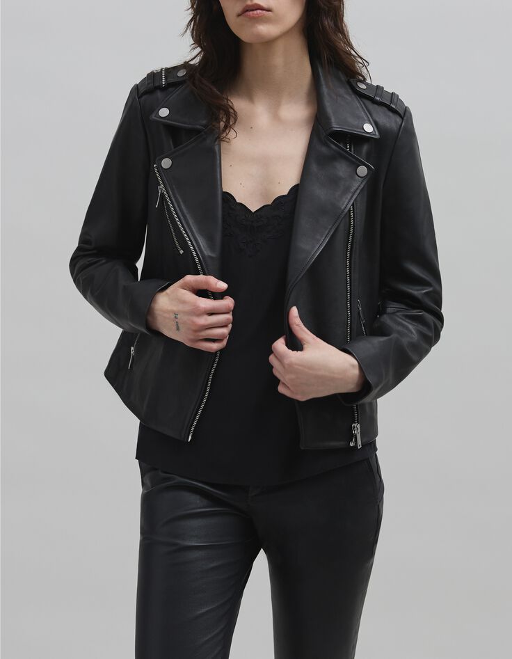 Veste cuir noir esprit motard broderie perle éclair Femme-2