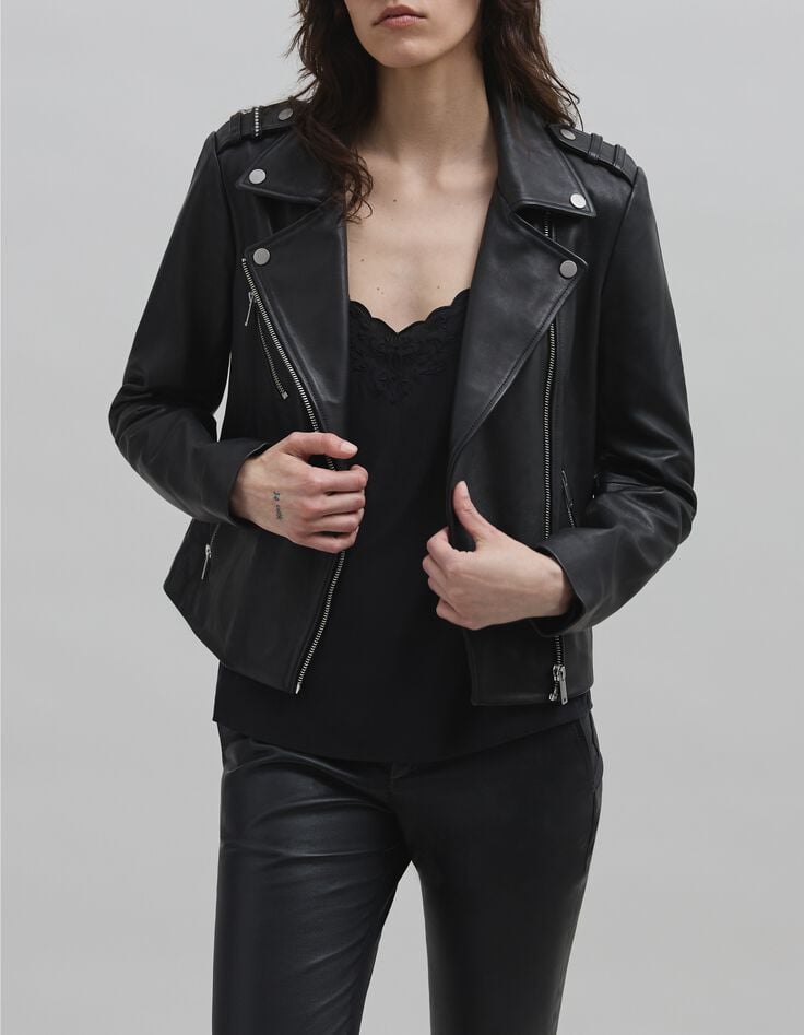 Veste cuir noir esprit motard broderie perle éclair Femme-2 Veste cuir noir esprit motard broderie perle éclair Femme-2