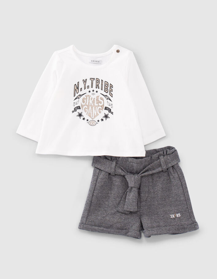 Baby girls’ ecru T-shirt and grey shorts outfit-1