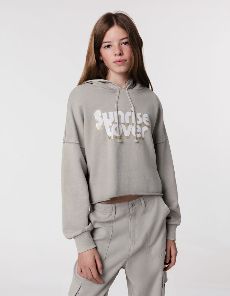 Sweat vert cropped à capuche message pailleté fille-8