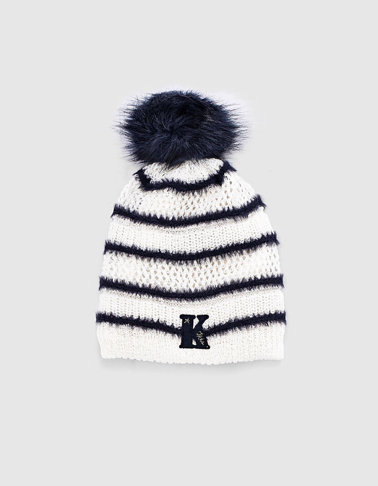 Girls’ ecru fur-lined knit beanie + navy stripes & pompom-1