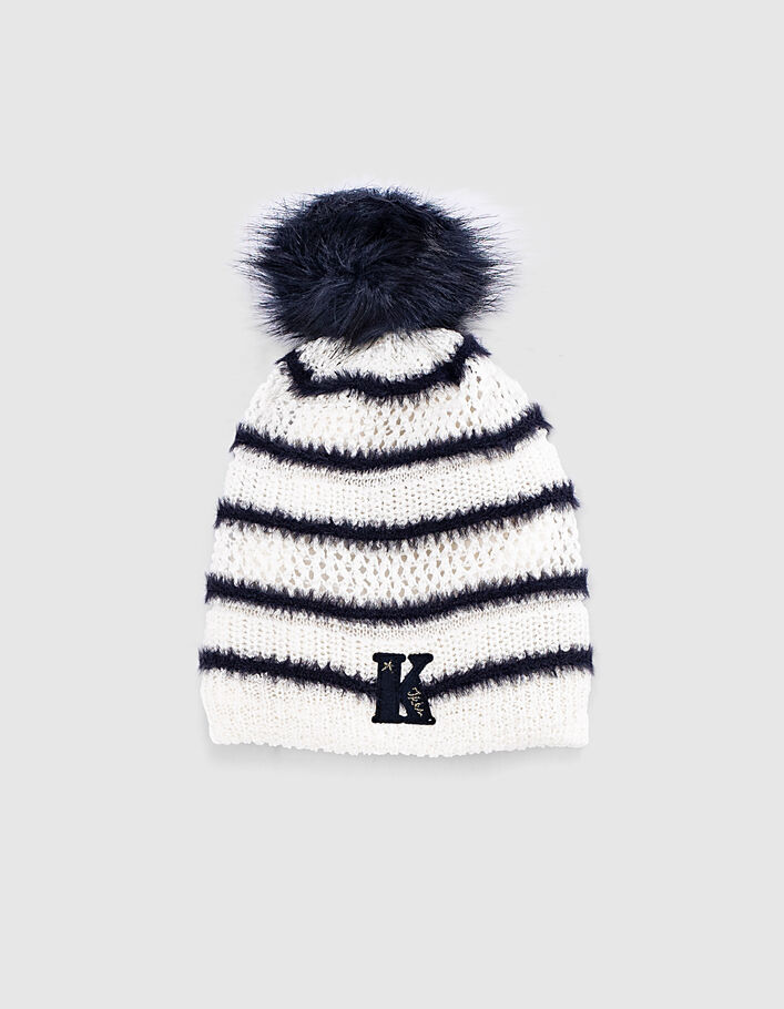 Girls’ ecru fur-lined knit beanie + navy stripes & pompom - IKKS