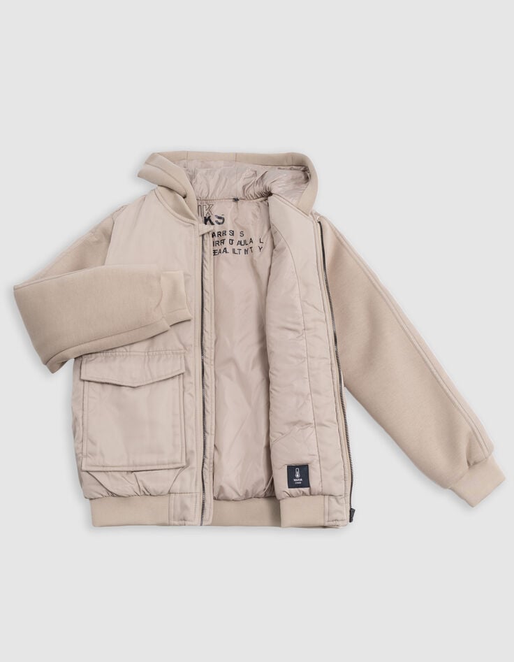 Chaqueta beige de dos capas con capucha para niño-6