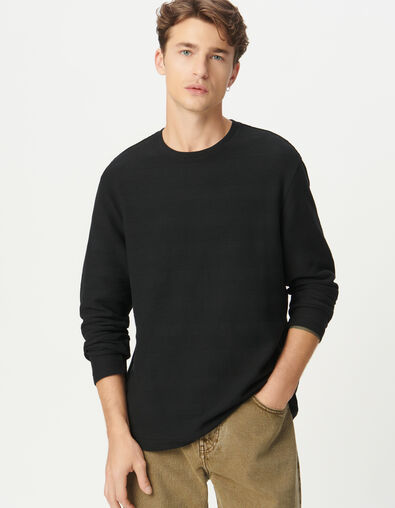 Camiseta de manga larga negra con rayas en relieve para hombre - IKKS