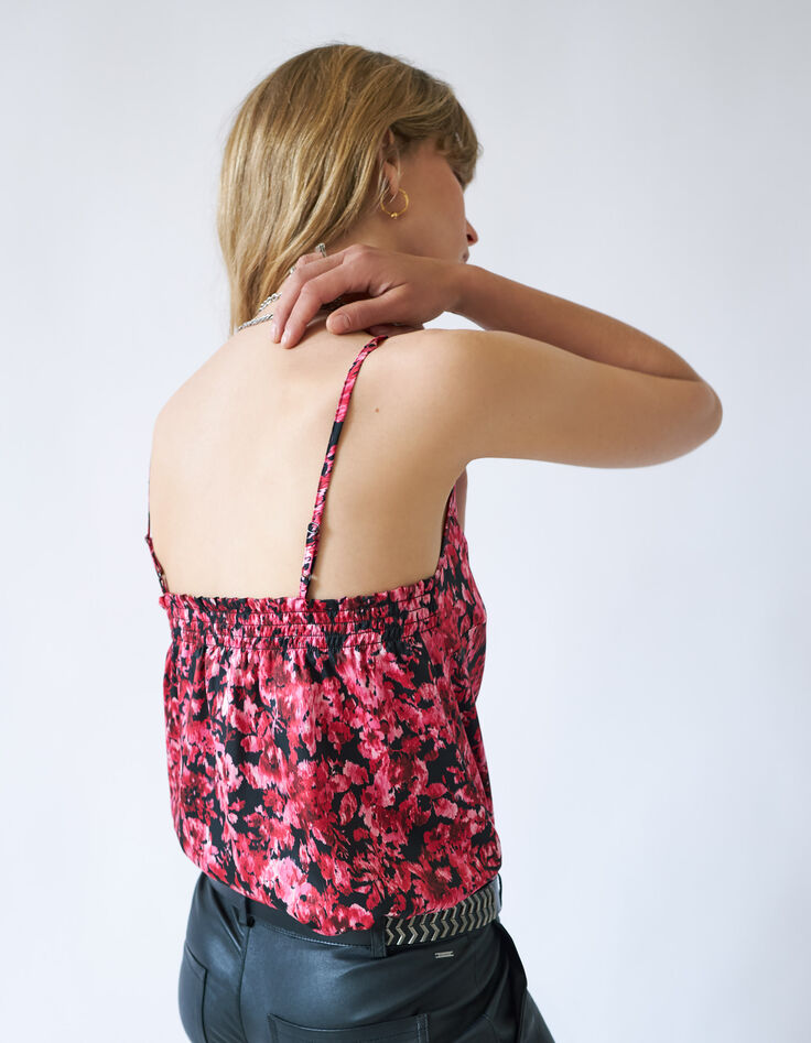 Rosa Damentop mit Blumenprint und schwarzer Spitze-2