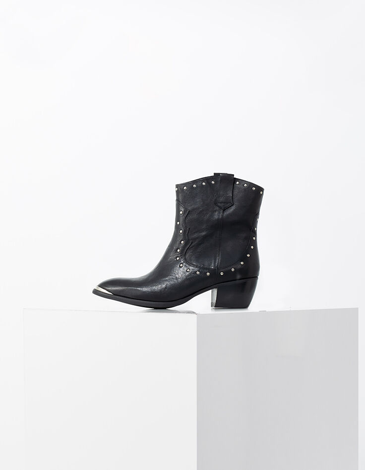 Schwarze Damenlederstiefel im Westernlook mit Ziernieten-2