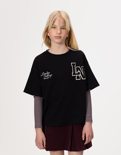 Girls’ 2-in-1 striped T-shirt/black short-sleeved T-shirt - IKKS