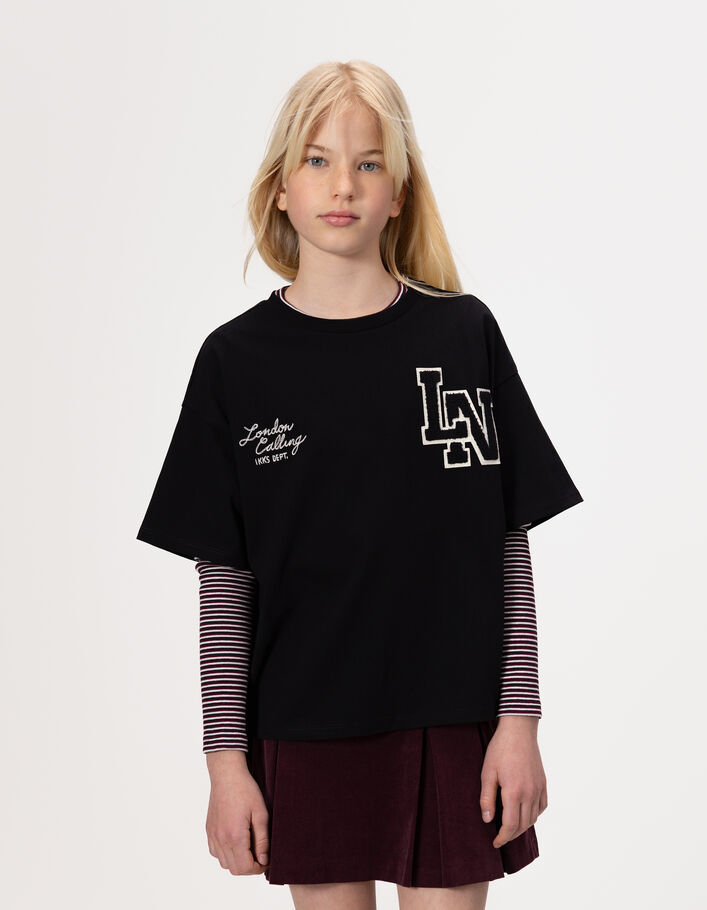 Camiseta en rayas y camiseta negra manga corta niña IKKS