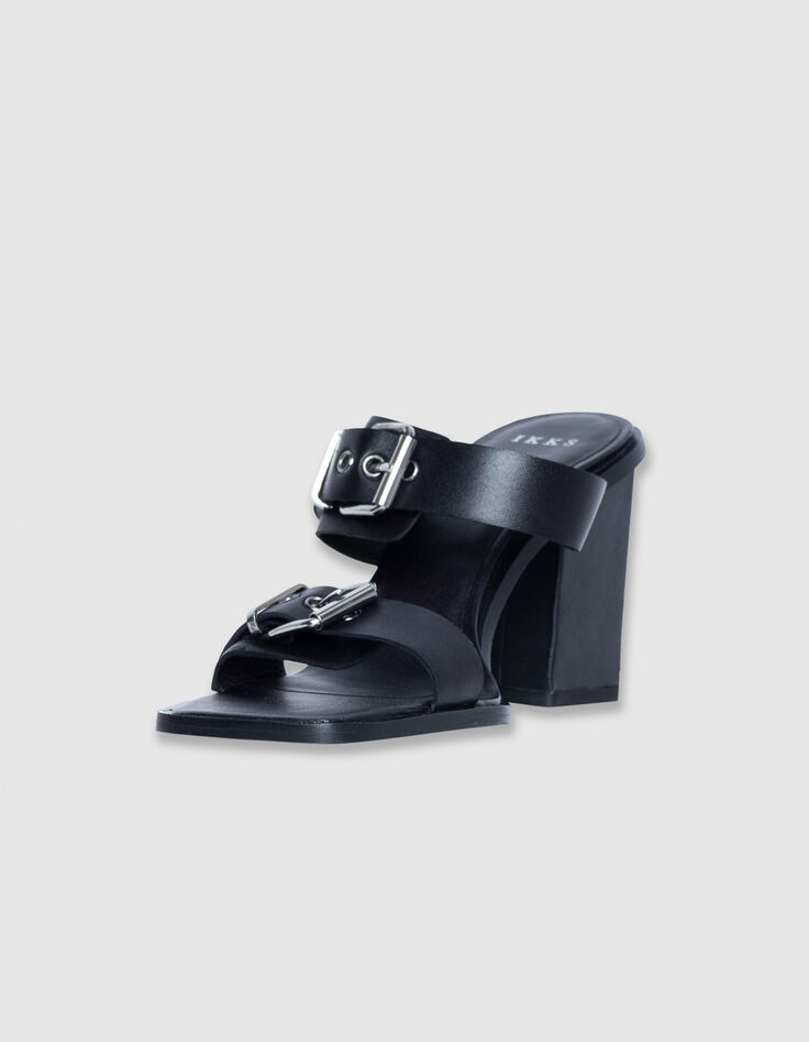 Women's black leather double strap heeled mules-2