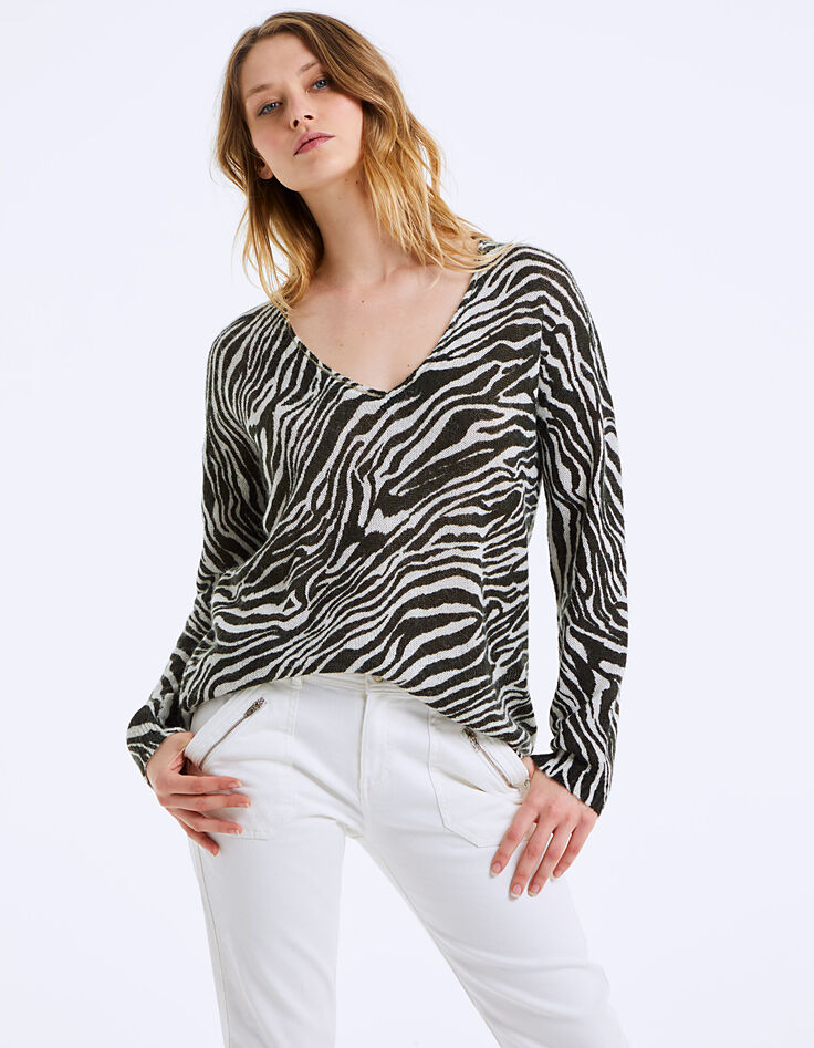 Pull col V en laine mousseuse imprimé zèbre femme-2