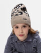 Bonnet beige tricot motif léopard fille-1