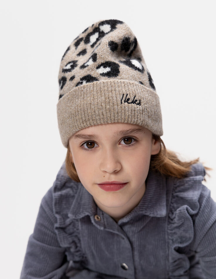 Girls’ beige knit beanie with leopard motif-1 Girls’ beige knit beanie with leopard motif-1