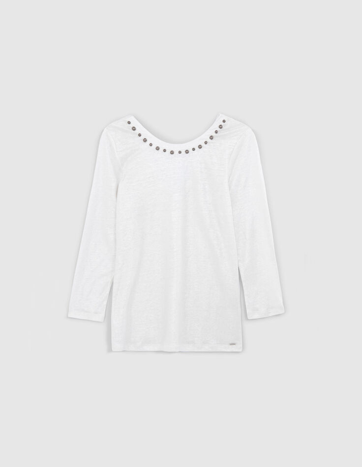 Tee-shirt blanc maille lin irisé décor perles métal Femme-6