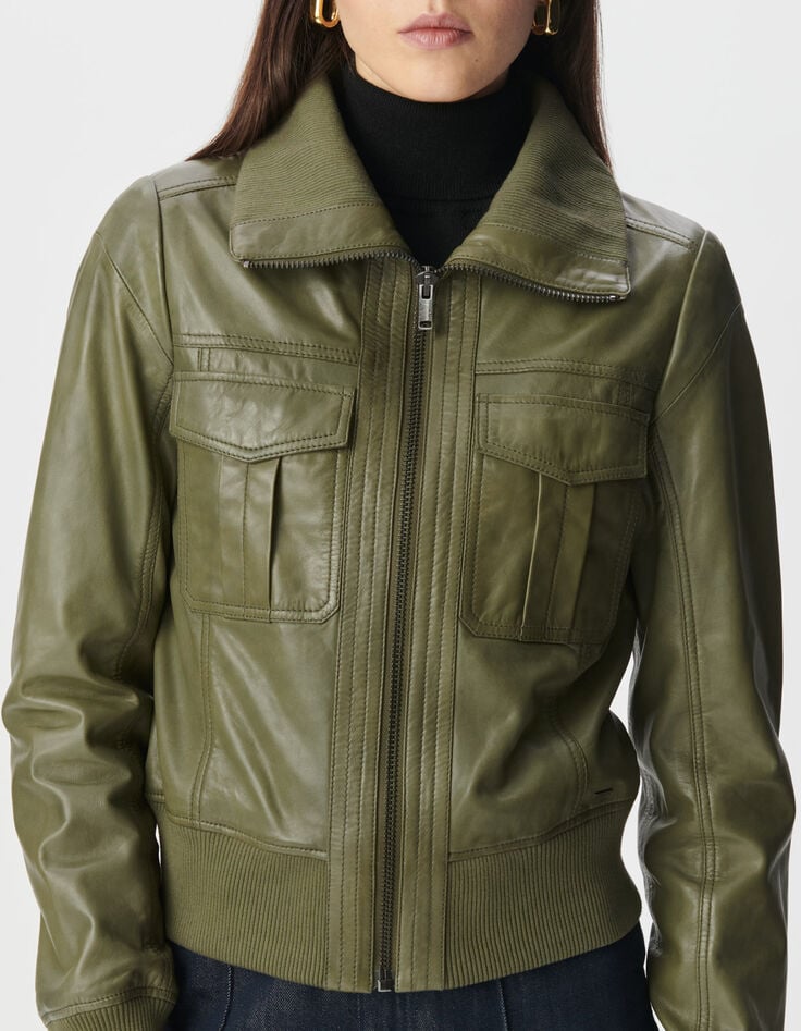 Blouson court kaki cuir délavé Femme-6 Blouson court kaki cuir délavé Femme-6
