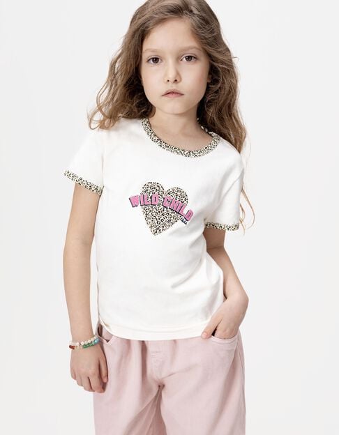 Ecru Mädchen-T-Shirt, Biowolle, Leoprint-Herzen - IKKS