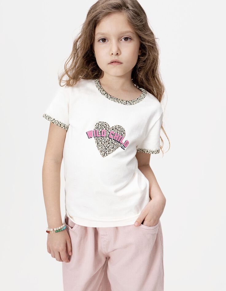 Ecru T-shirt biokatoen hart luipaard-strikjes meisjes-1