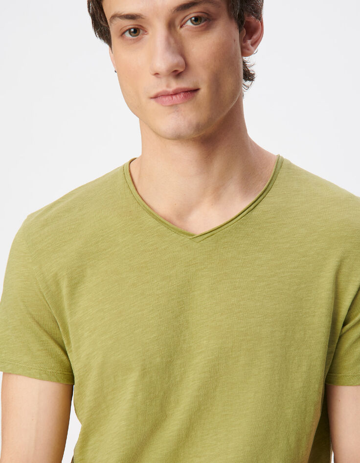 Gr&uuml;nes Flamm-T-Shirt V-Ausschnitt Baumwolle-4