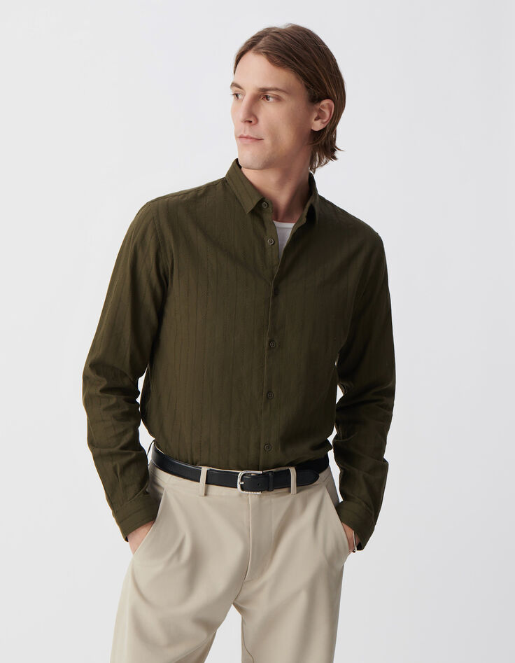Khaki Herrenhemd, SLIM-Fit, Bio-Baumwollvoile, Streifstick-5