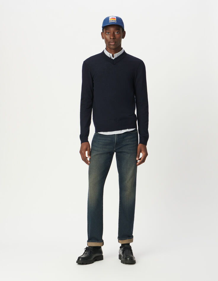 Pull en laine marine tricot fin col V Homme-6