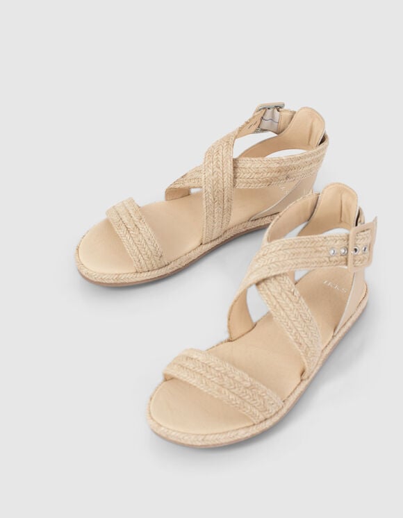 Women’s natural raffia flat sandals with ankle buckle