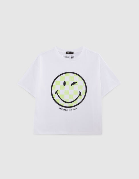 Girls’ white T-shirt with green SMILEYWORLD checkerboard image