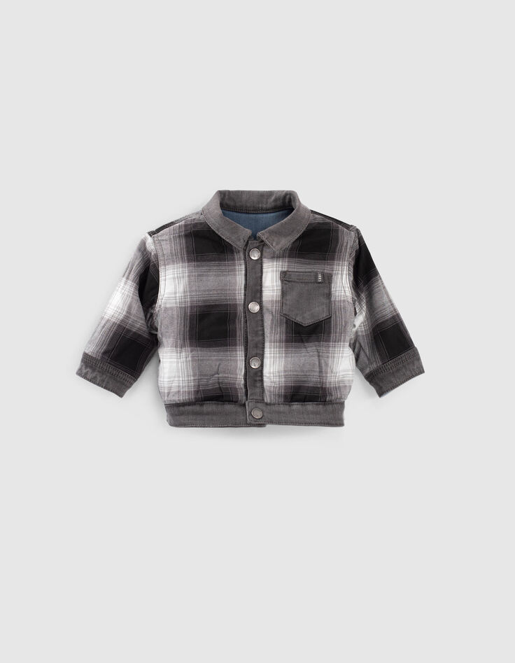 Blouson en jean réversible bleu et carreaux bébé garçon-3