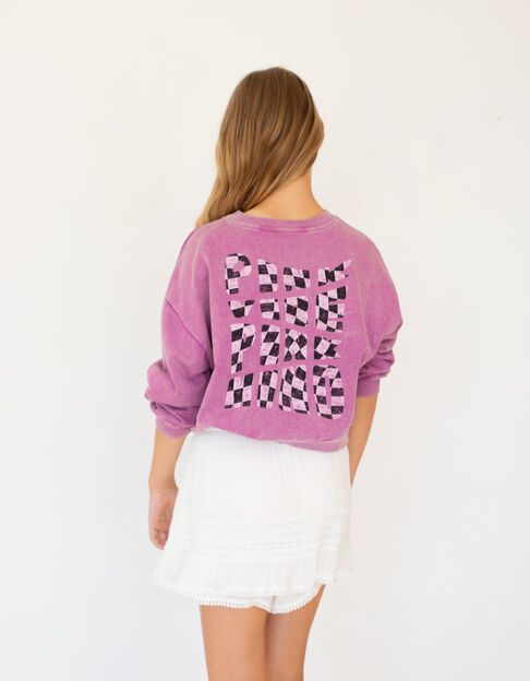 Lichtpaarse sweater met tekst geblokt meisjes