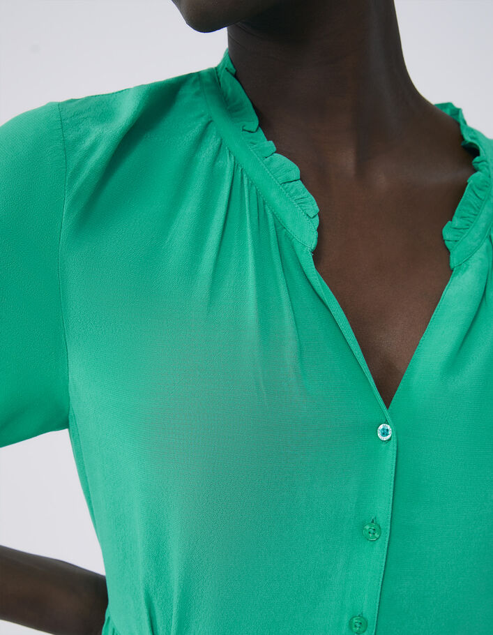 Grünes Damenkleid mit Volant-V-Ausschnitt - IKKS