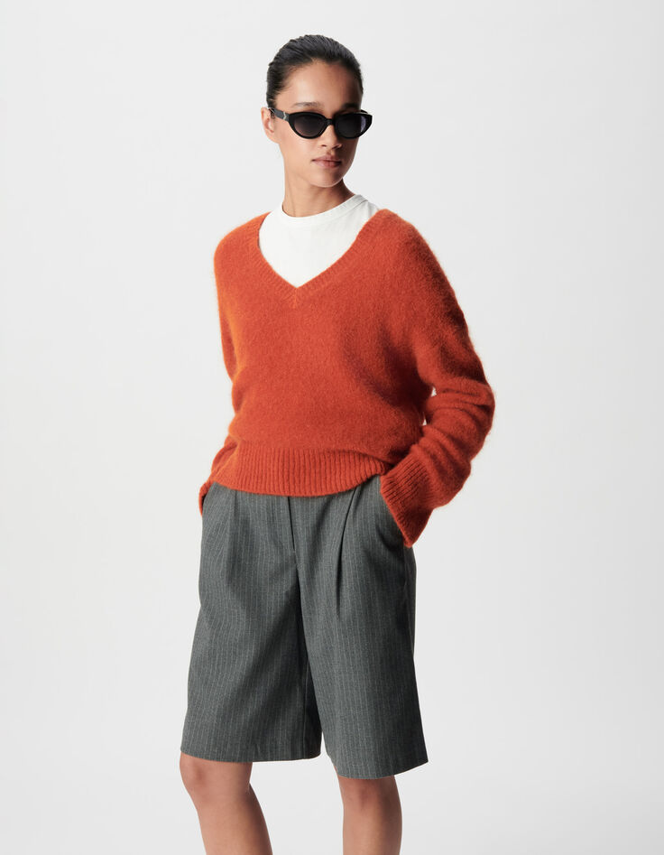 Orange oversized V-neck sweater Woman-2