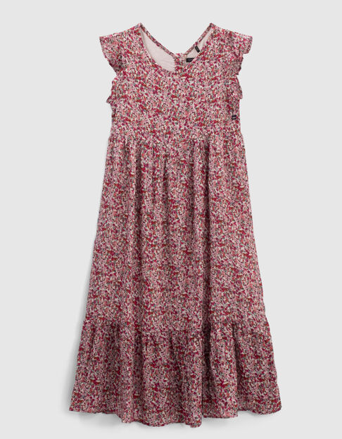 Langes, fuchsiafarbenes Mädchenkleid mit Blumenprint