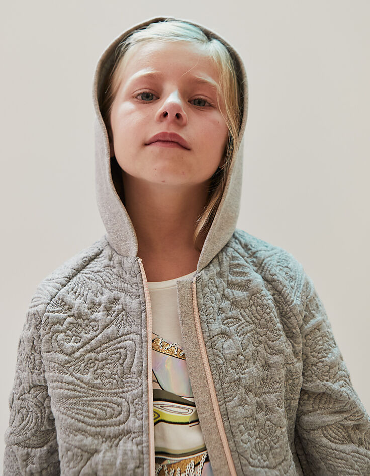 Gechineerd grijs vest met reliëf en capuchon voor meisjes -1