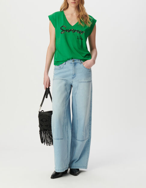 Tee-shirt encolure V vert message - IKKS