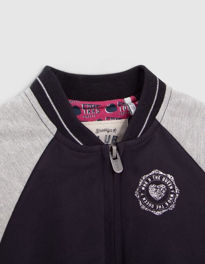 Baby girls’ navy baseball jacket with grey lurex sleeves