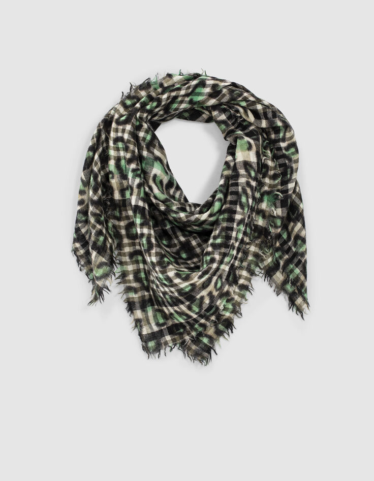 Chèche en laine motif léopard vert blanc et noir femme-1
