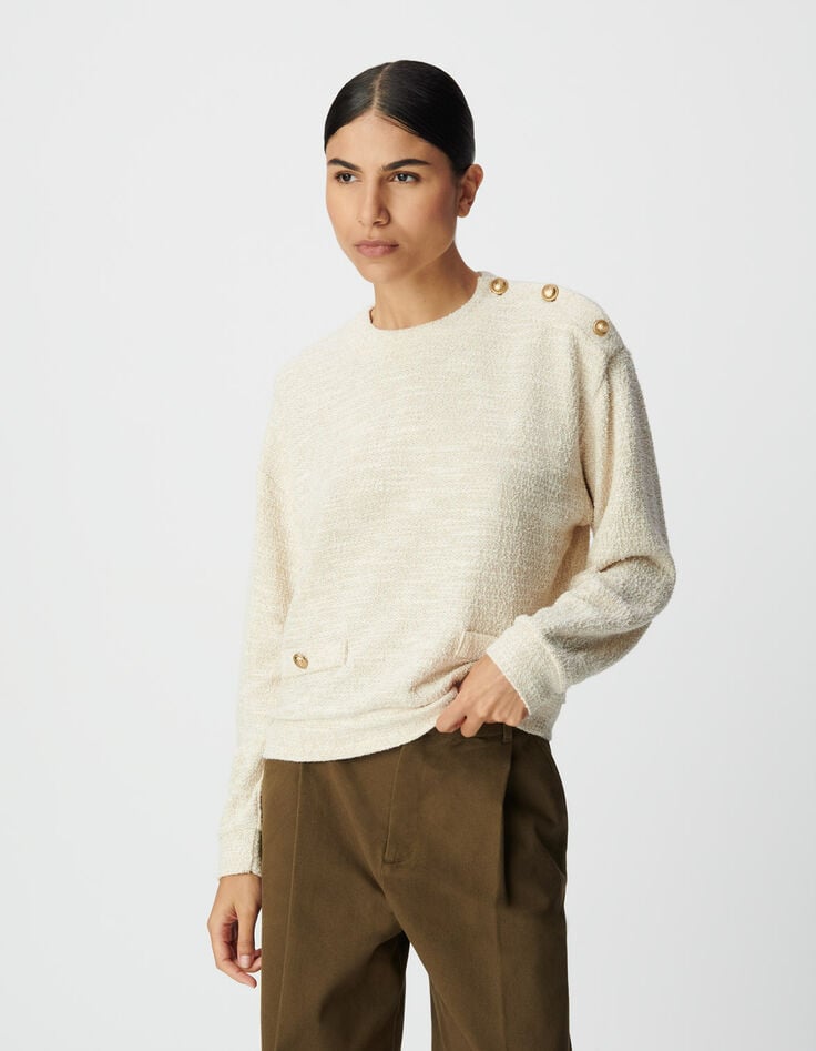 Women’s beige lurex tweed sweatshirt, buttoned shoulders-2 Women’s beige lurex tweed sweatshirt, buttoned shoulders-2
