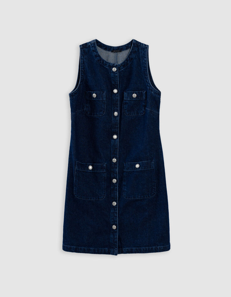 Blue waterless denim sack dress with patch pockets-5