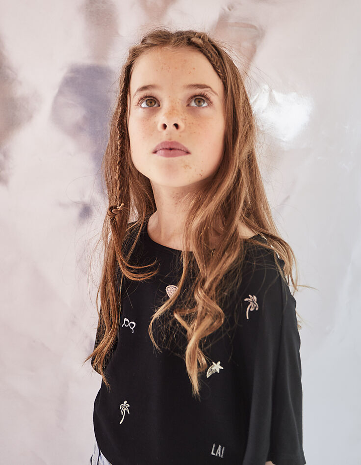 Tee-shirt-cape noir brodé fille-1