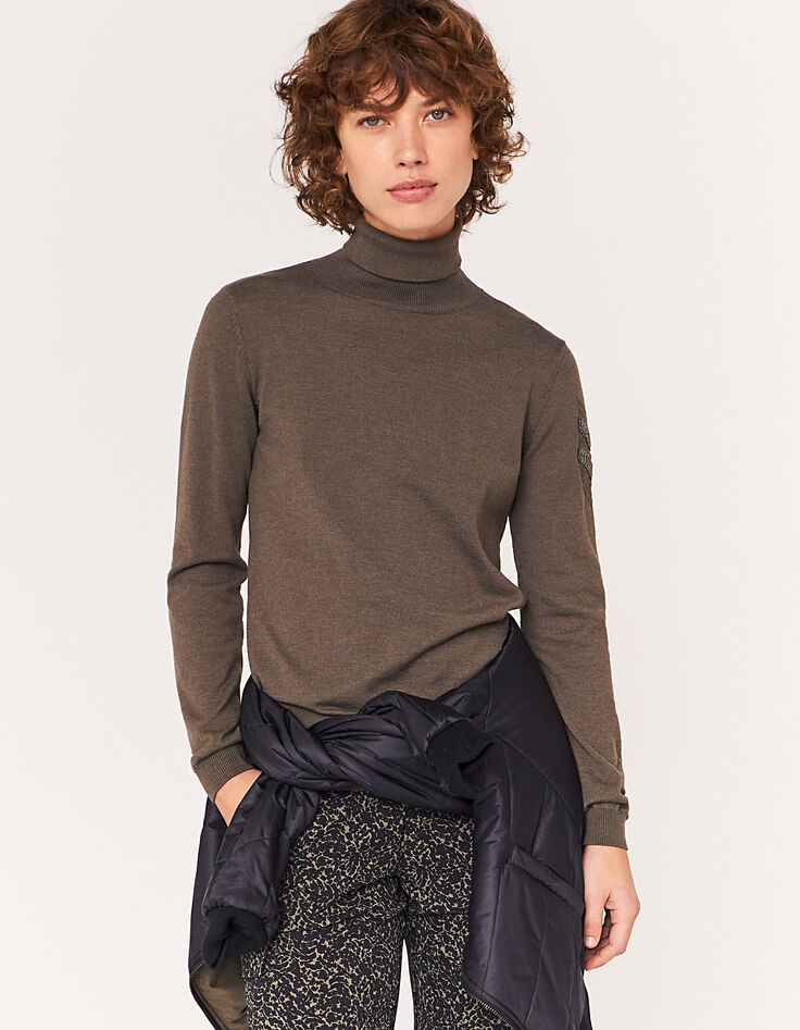 Pull col roulé kaki bijoux esprit militaire femme-1