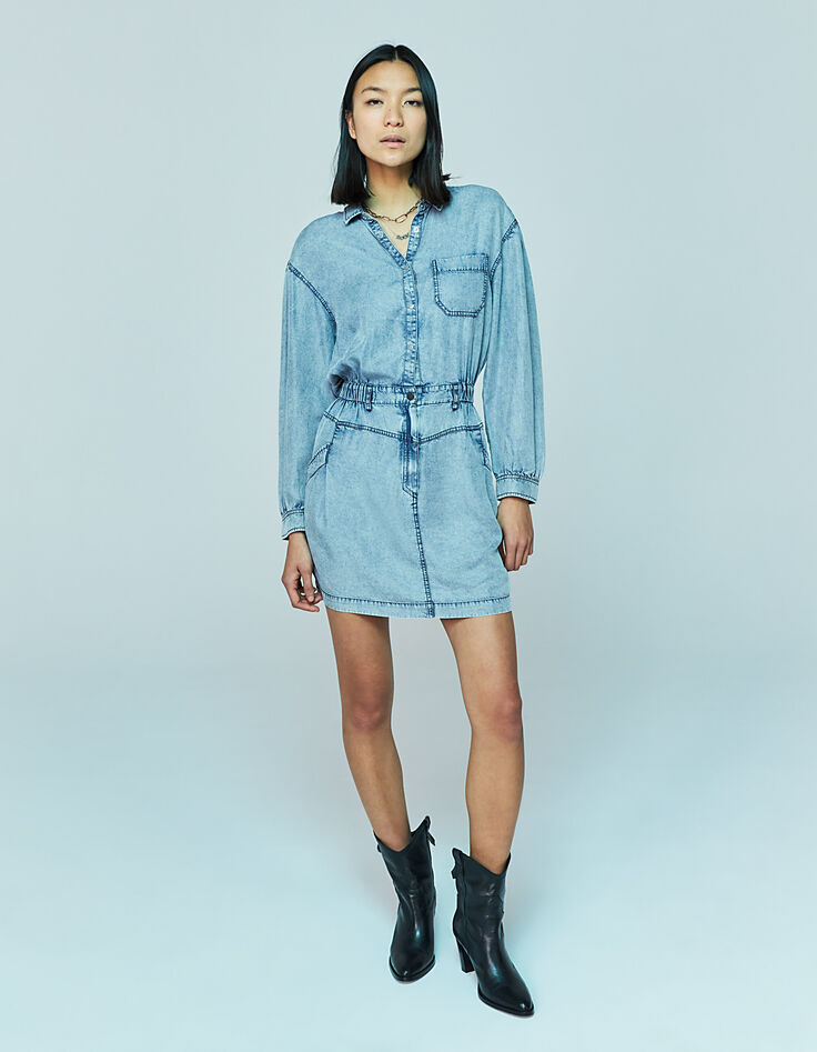 Robe chemise en tencel bleu traitement acid wash femme-1