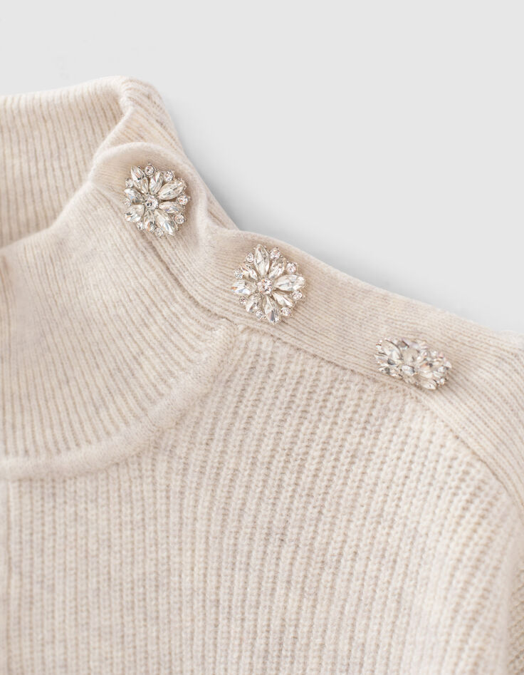 Women’s ecru wool high-neck sweater, buttoned shoulders-2 Women’s ecru wool high-neck sweater, buttoned shoulders-2