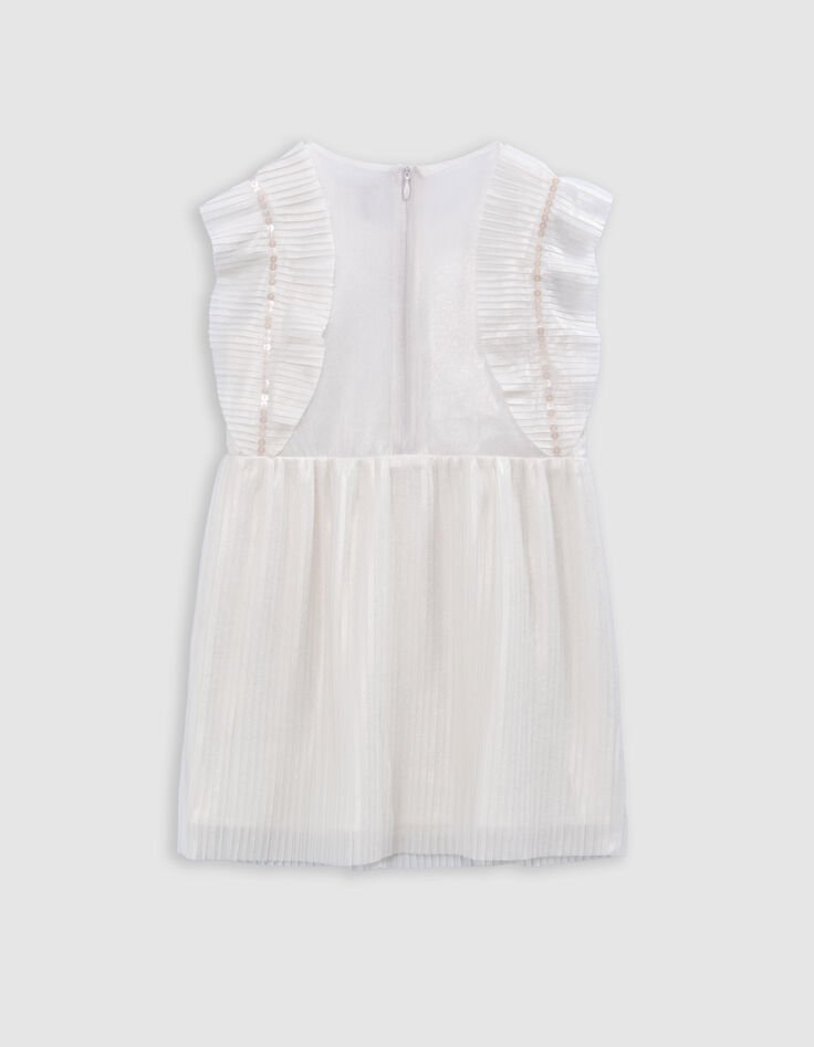 Ecru irisierendes Mädchenplisseekleid, Rüschen an Ärmeln-4