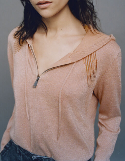 Cardigan beige rosé tricot pailleté à capuche Femme - IKKS